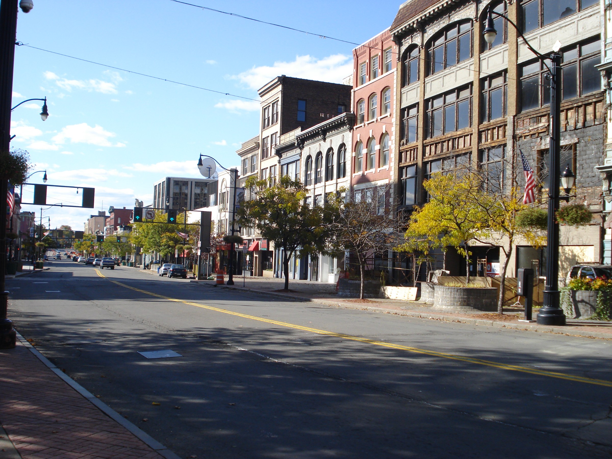 Historic brick and stone buildings along a downtown street in Binghamton, New York