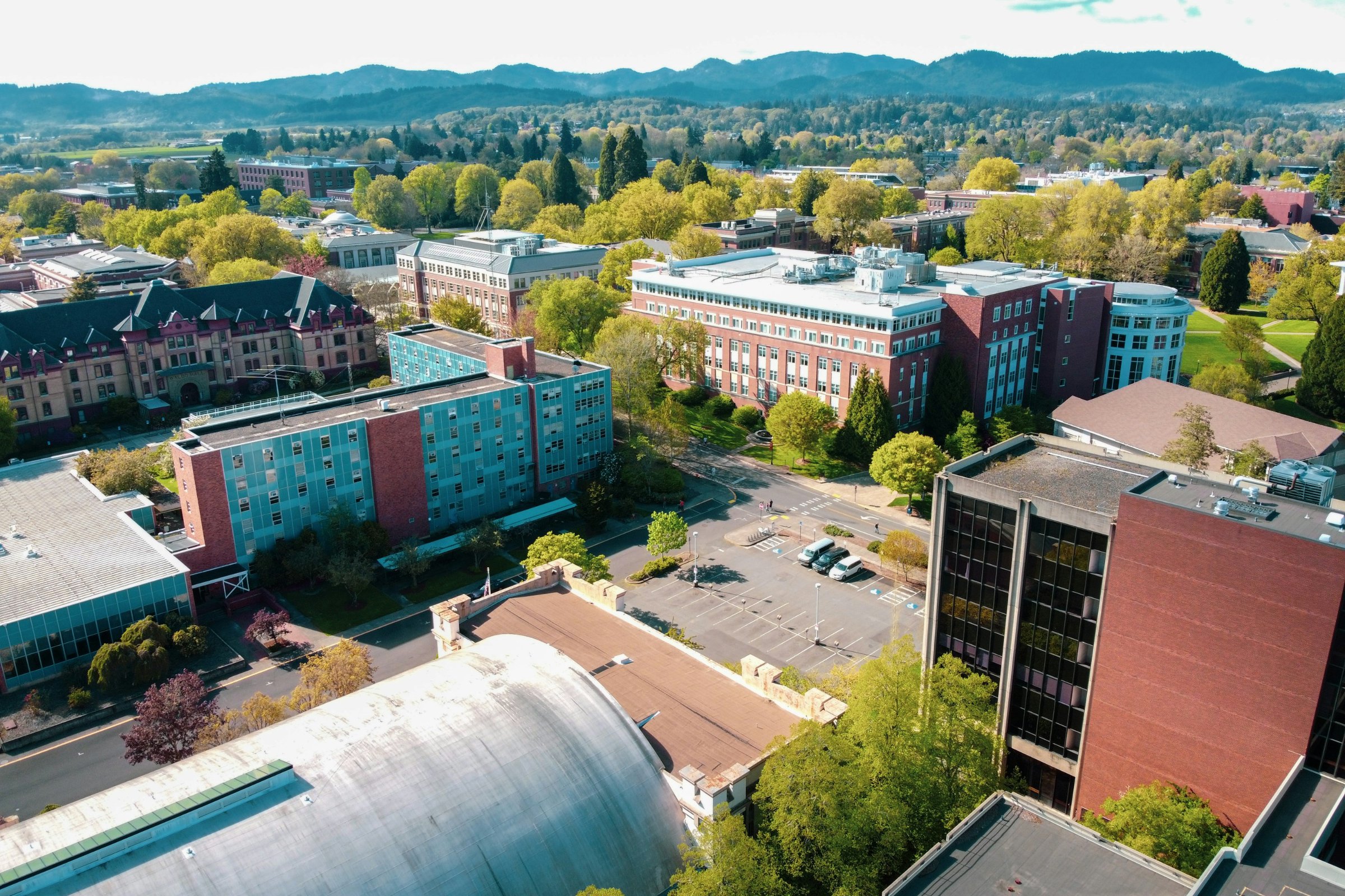 Aerial view of Oregon State University campus and Corvallis, Oregon with hills beyond