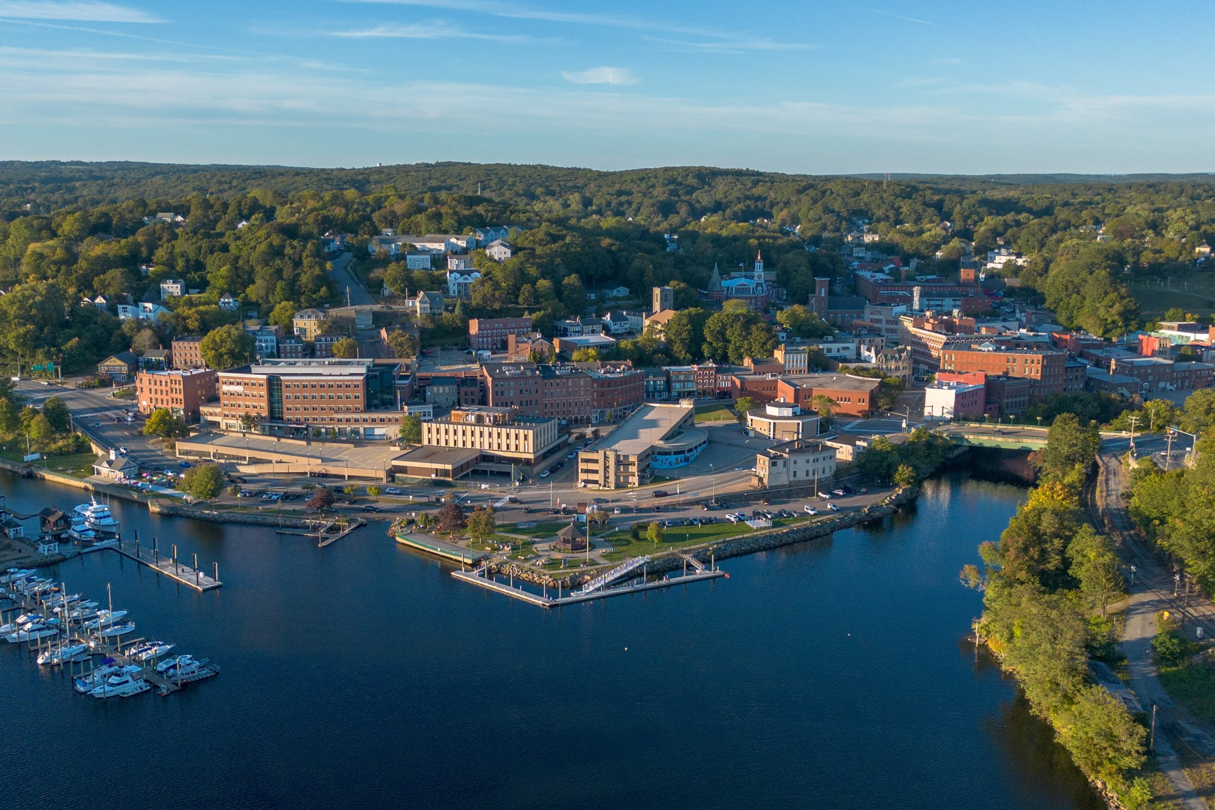 Aerial view of the Norwich, Connecticut harbor and downtown