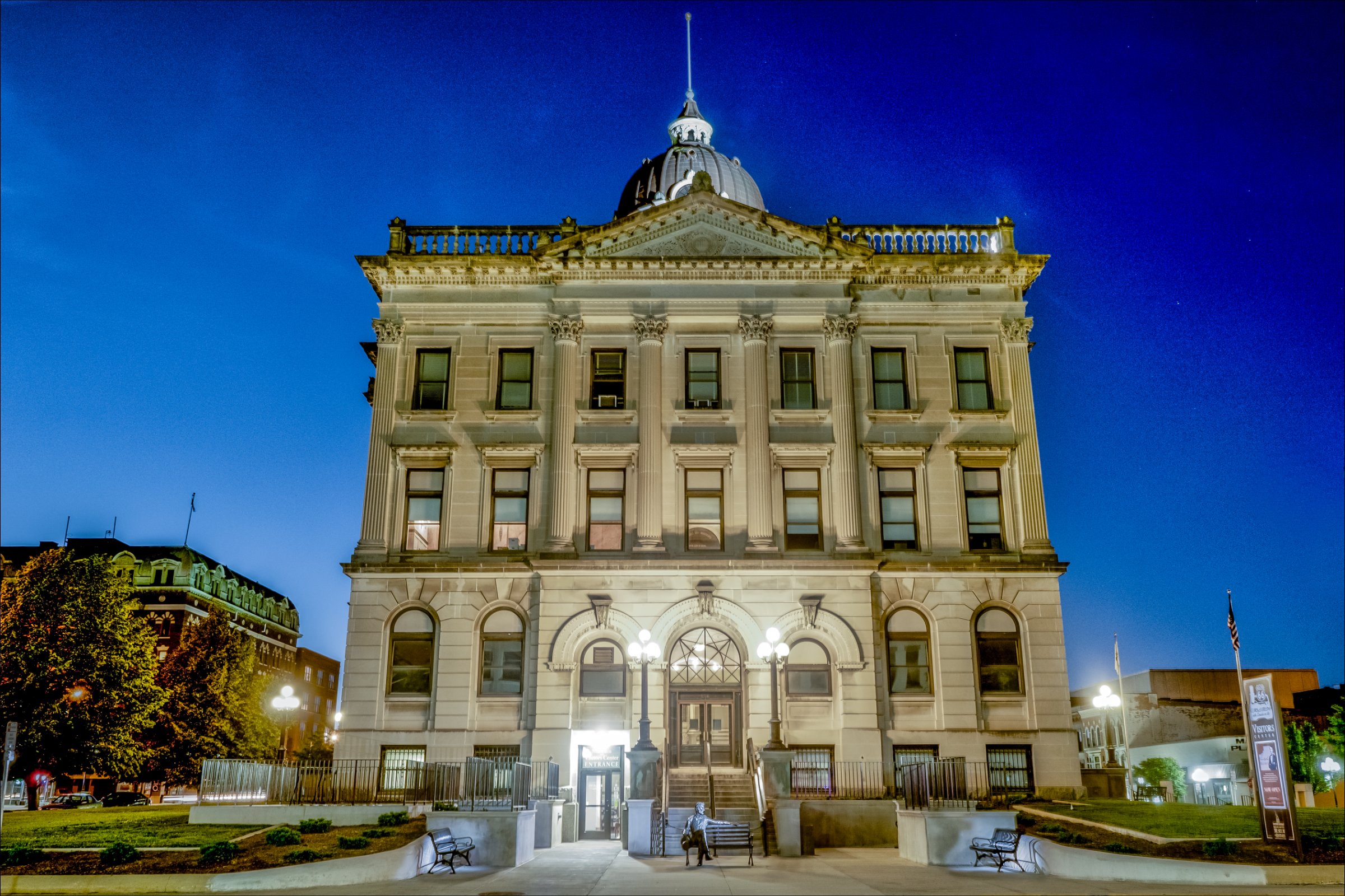McLean County Museum of History in the historic courthouse in downtown Bloomington, Illinois, at dusk