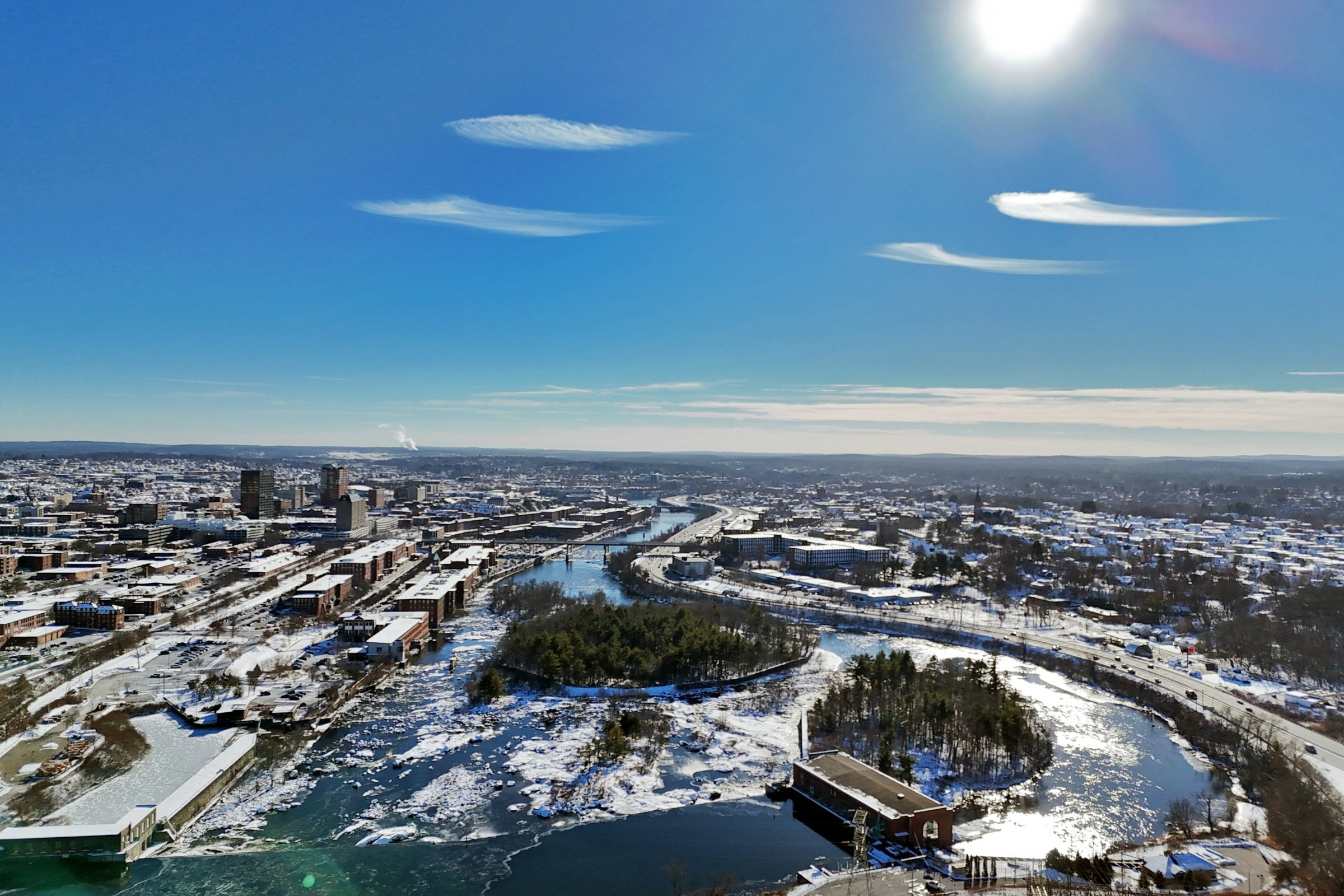 Aerial view of Manchester, New Hampshire and the Merrimack River in winter