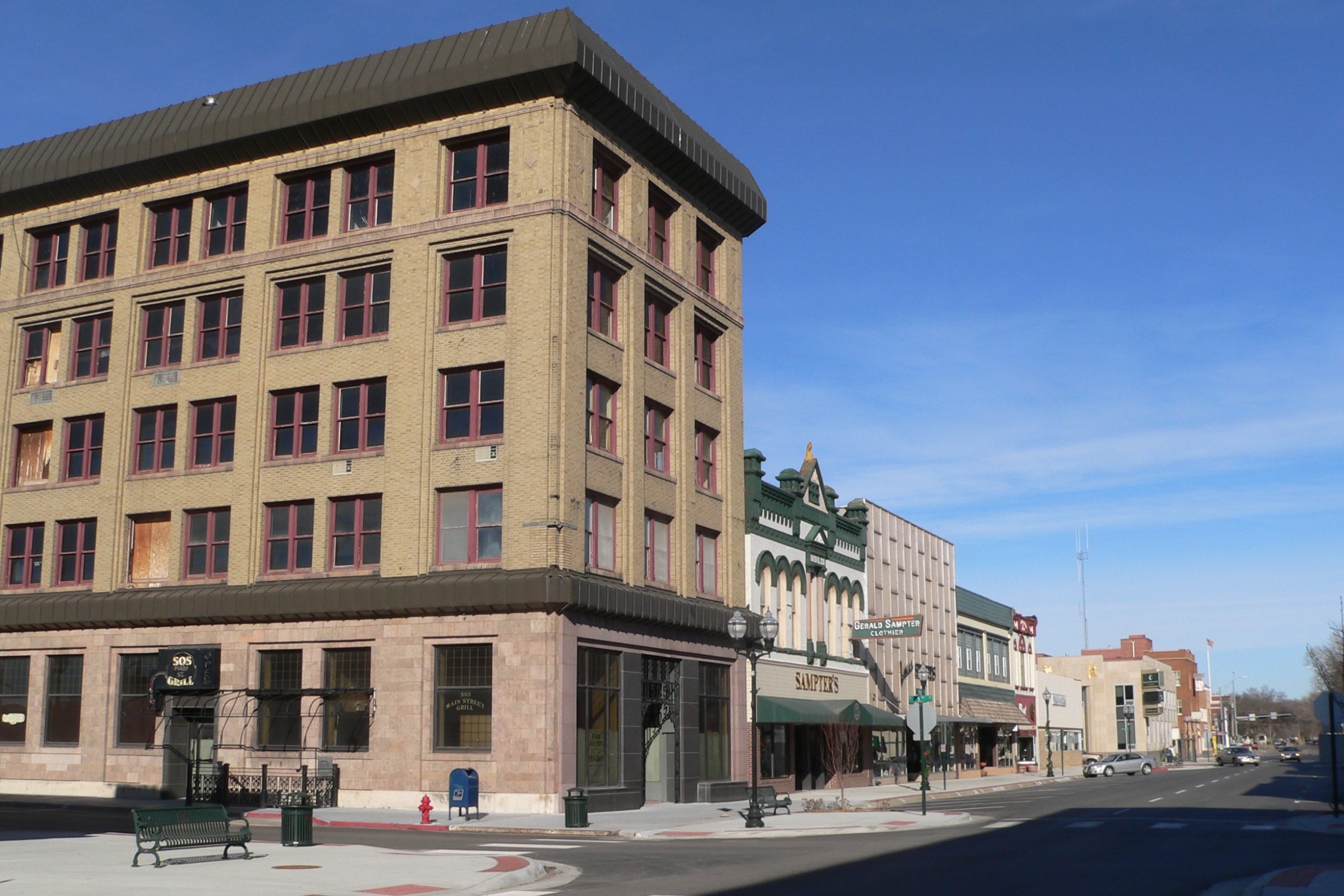 Historic buildings at 5th and Main Street in downtown Fremont, Nebraska