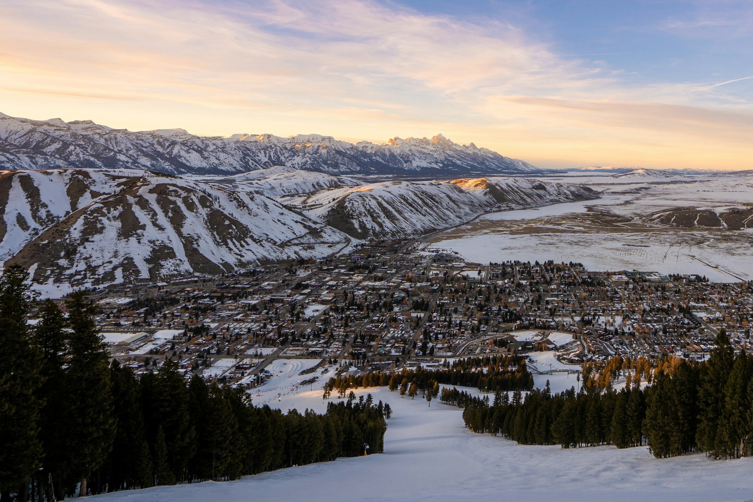 Town of Jackson, Wyoming in winter below the surrounding mountains