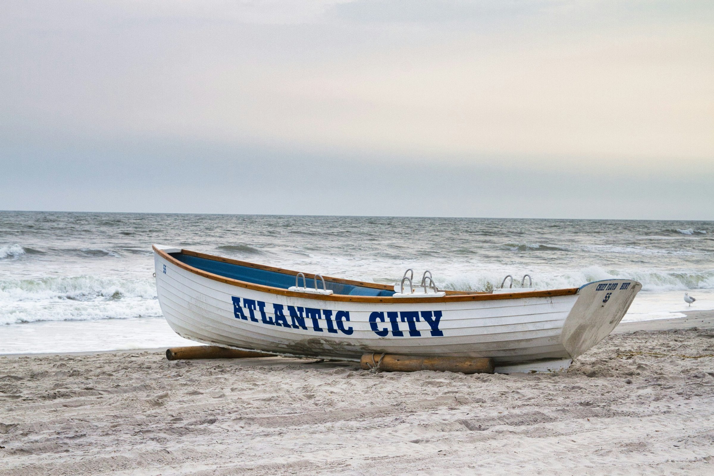 Lifeguard boat on the beach in nearby Atlantic City, a short drive from Absecon, New Jersey