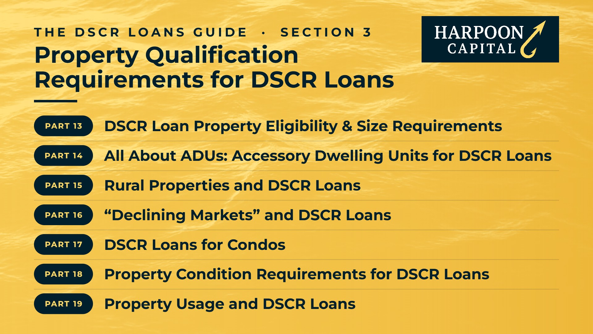 The DSCR Loans Guide Section 3: Property Qualification Requirements for DSCR Loans – Parts 13–19 (contents list)