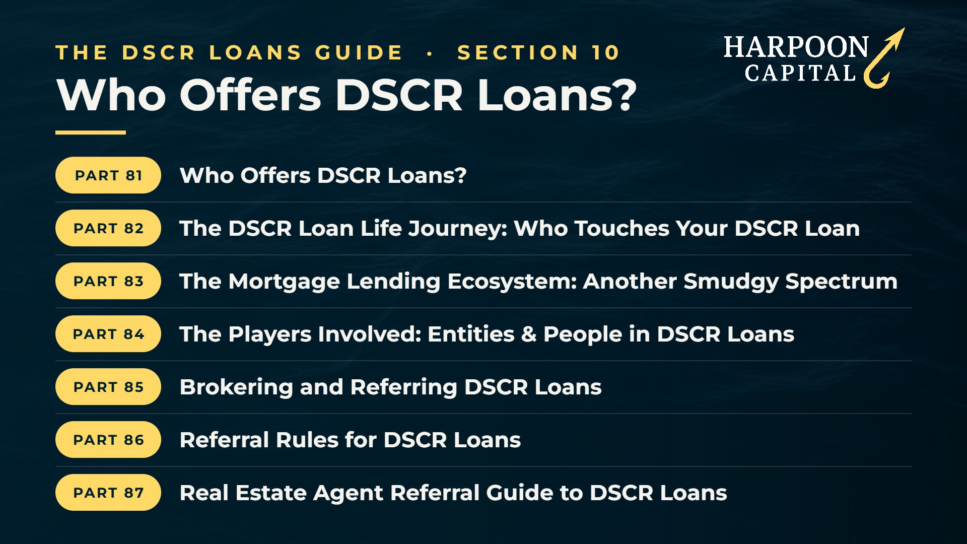The DSCR Loans Guide Section 10: Who Offers DSCR Loans? – Parts 81–87 (contents list)
