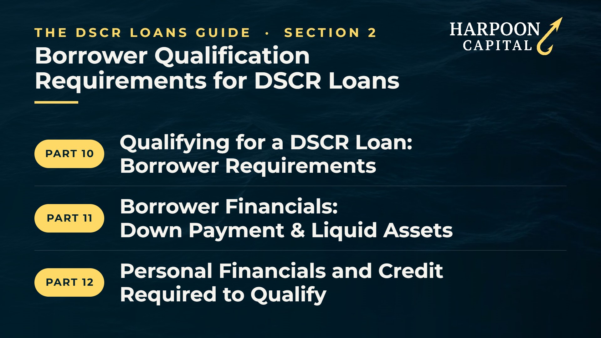 The DSCR Loans Guide Section 2: Borrower Qualification Requirements for DSCR Loans – Parts 10–12 (contents list)