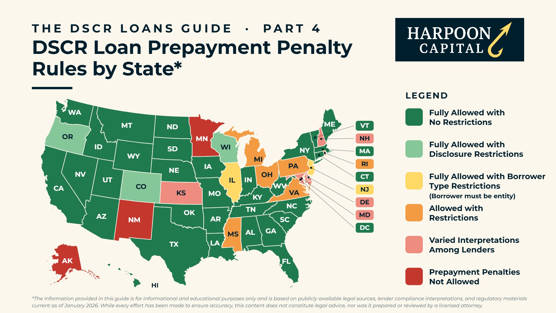 Map of DSCR Loan Prepayment Penalty Rules by State – fully allowed with no restrictions in most states; fully allowed with disclosure restrictions in Colorado, Oregon and Wisconsin; borrower must be an entity in Illinois and New Jersey; allowed with restrictions in Michigan, Mississippi, Ohio, Pennsylvania, Rhode Island and Virginia; varied interpretations among lenders in Delaware, Kansas, Maryland and New Hampshire; not allowed in Alaska, Minnesota and New Mexico