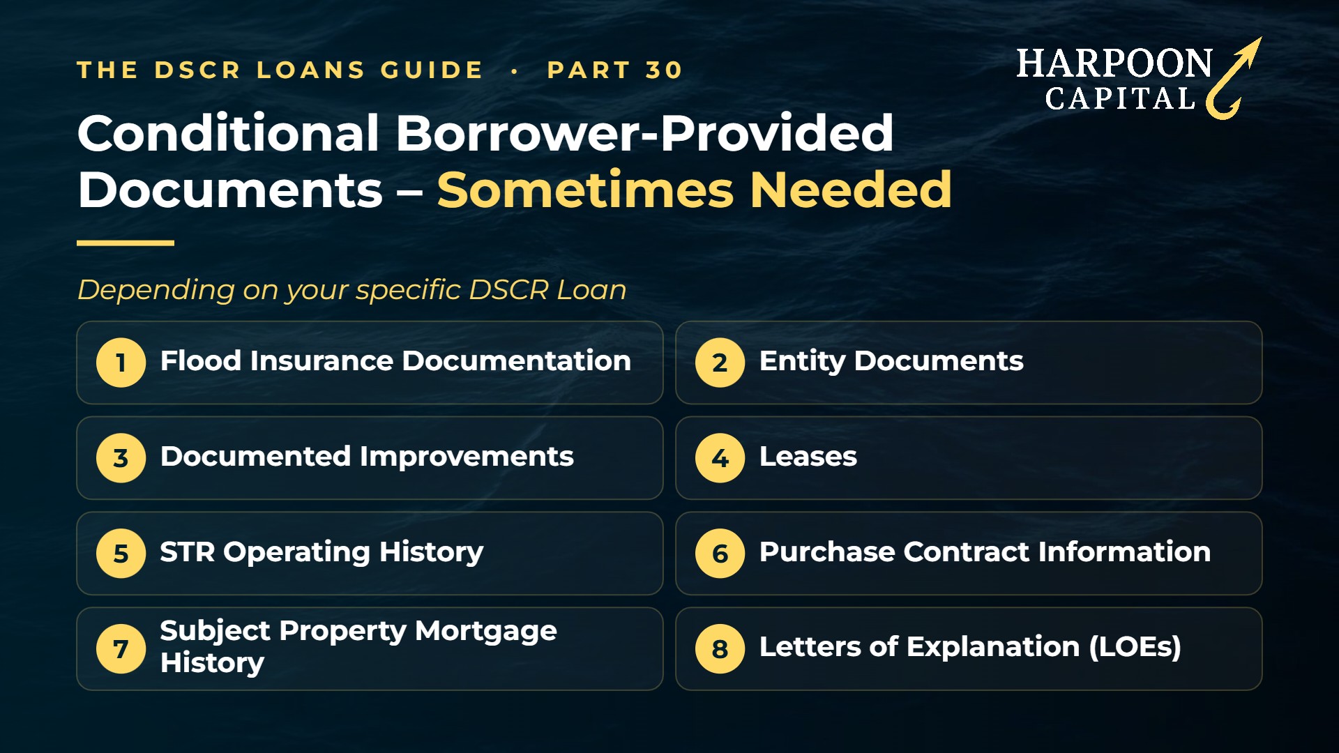 Harpoon Capital infographic – The DSCR Loans Guide, Part 30: Conditional Borrower-Provided Documents – Sometimes Needed – Depending on your specific DSCR Loan. Includes: Flood Insurance Documentation; Entity Documents; Documented Improvements; Leases; STR Operating History; Purchase Contract Information; Subject Property Mortgage History; Letters of Explanation (LOEs)