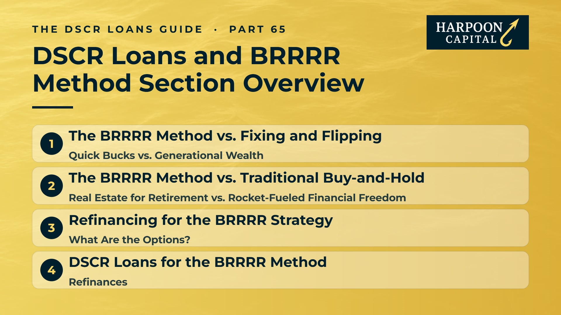 Harpoon Capital infographic – The DSCR Loans Guide, Part 65: DSCR Loans and BRRRR Method Section Overview. Includes: The BRRRR Method vs. Fixing and Flipping (Quick Bucks vs. Generational Wealth); The BRRRR Method vs. Traditional Buy-and-Hold (Real Estate for Retirement vs. Rocket-Fueled Financial Freedom); Refinancing for the BRRRR Strategy (What Are the Options?); DSCR Loans for the BRRRR Method (Refinances)