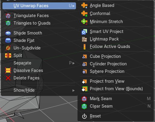 UV Unwrap Faces submenu