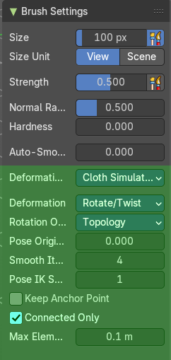 Brush Settings Panel - Bend/Twist Cloth brush