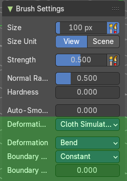 Brush Settings Panel - Bend Boundary Cloth brush