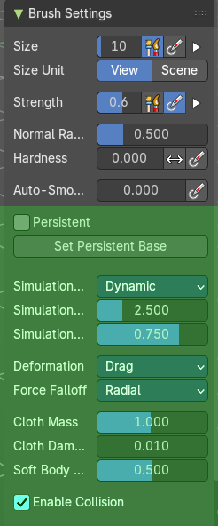 Brush Settings Panel - Drag Cloth brush