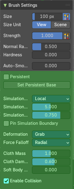 Brush Settings Panel - Grab Cloth brush