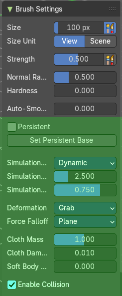 Brush Settings Panel - Grab Planar Cloth brush