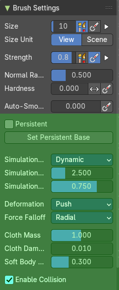 Brush Settings Panel - Push Cloth brush
