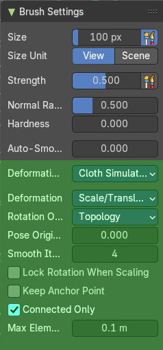 Brush Settings Panel - Stretch/Move Cloth brush