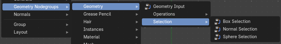 Add menu - Geometry nodes - Geometry - Selection