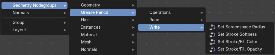 Add menu - Geometry nodes - Grease Pencil - Write