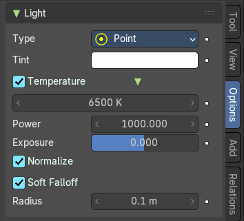 Options Tab - Light panel