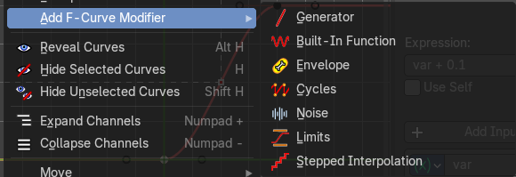 Add F-Curve Modifer submenu