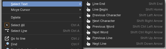 Select Text submenu