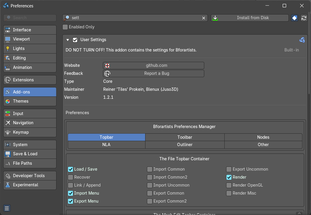 Bforartists Settings add-on