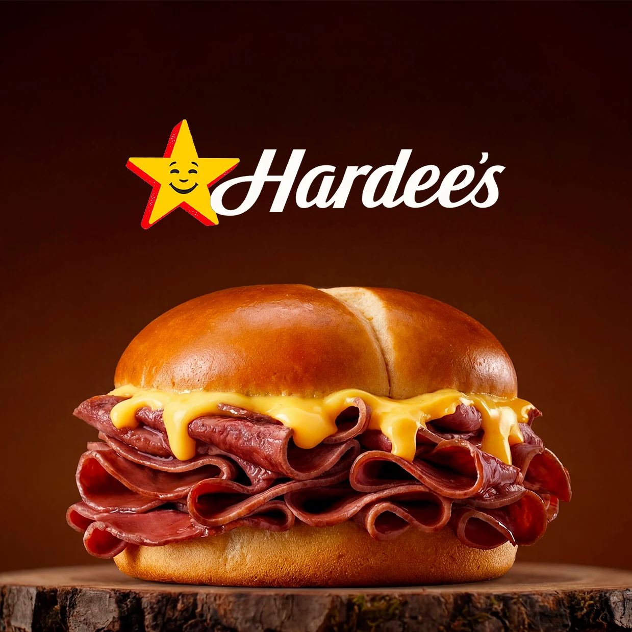 Hardee's roast beef sandwich with melted cheese on a wooden board