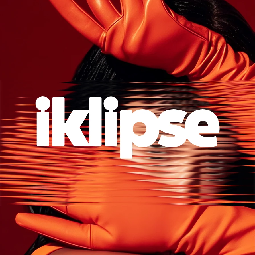 iklipse logo in white over a woman in long orange gloves, her face blurred by a rippled glitch effect