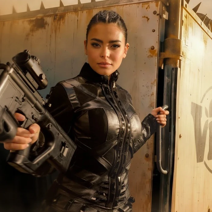 Woman in black tactical gear holding a rifle in front of a rusted metal door