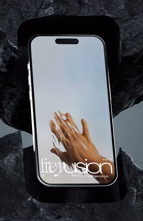 Mockup of a phone with Freyusion's branding on the screen