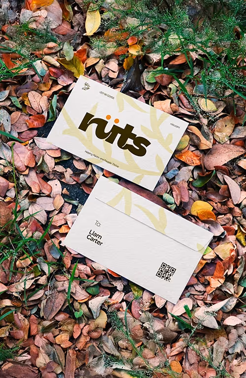 Mockup of two envelopes laid on leaves outside, showing Ruts' branding and logo