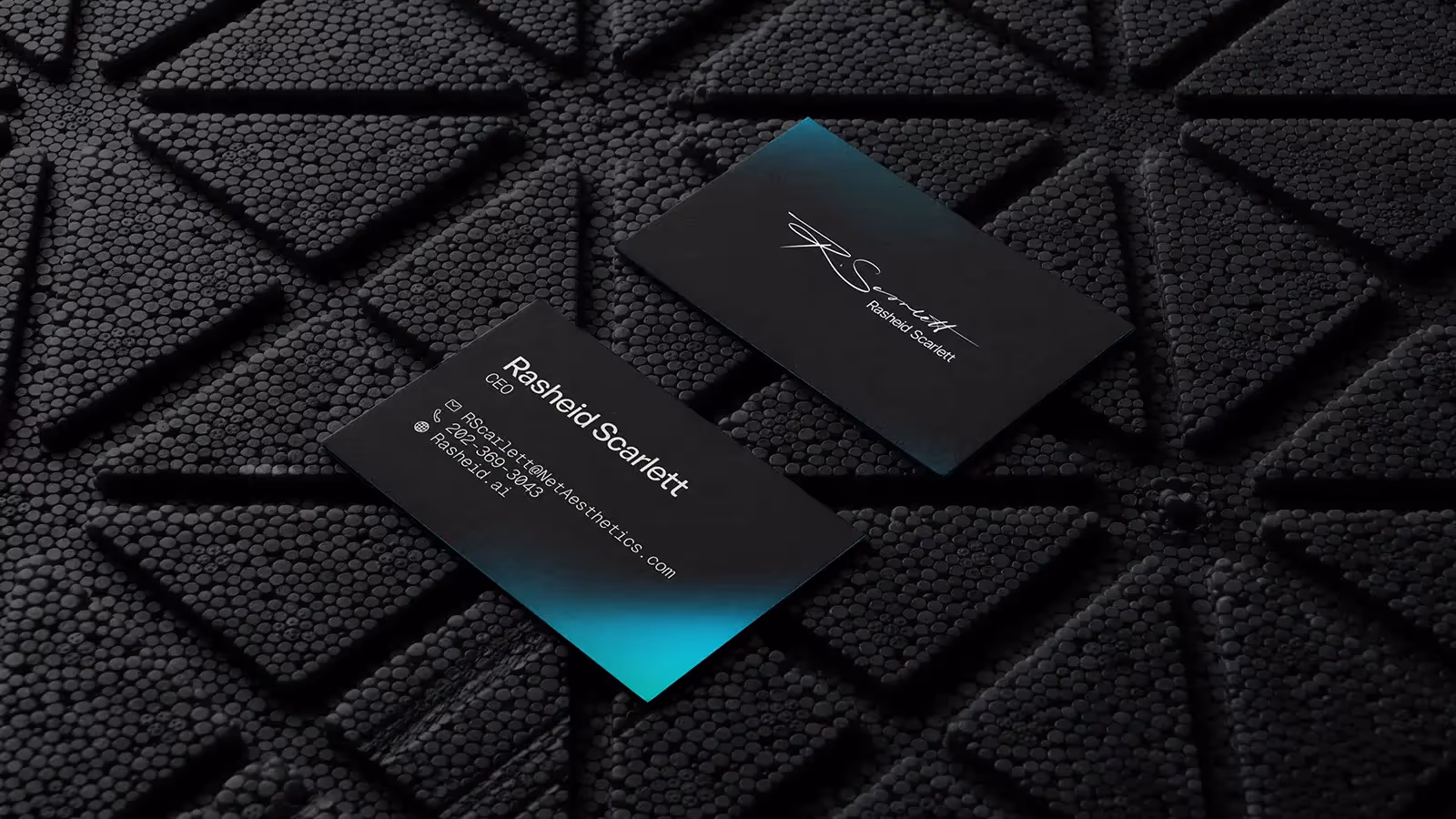 Mockup of a business card with Rasheid Scarlett's info and logo