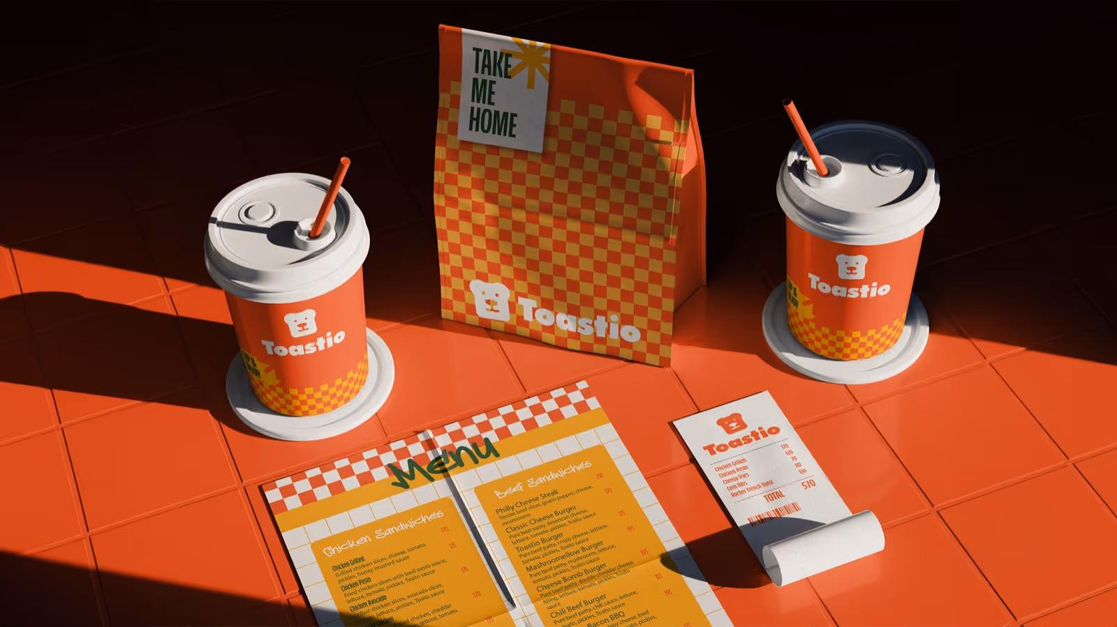 Photo of Toastio branded cups, packaging, and menu