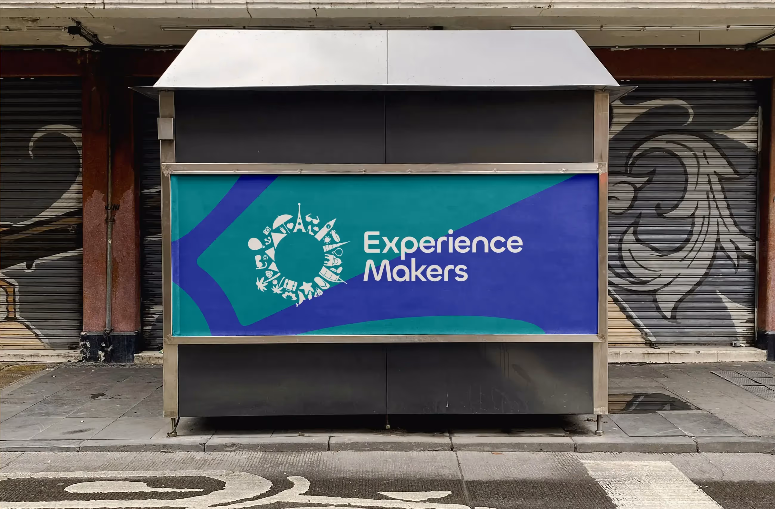 Mockup of an advertising banner with Experience Makers Tourism's logo on it.