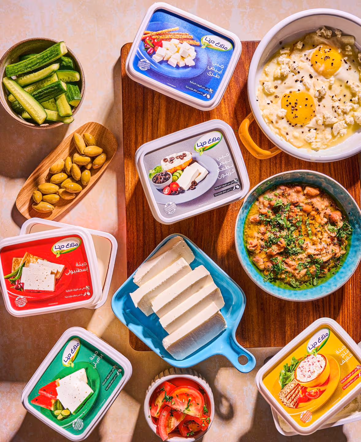 A top-down photo showing different Dina Farms products