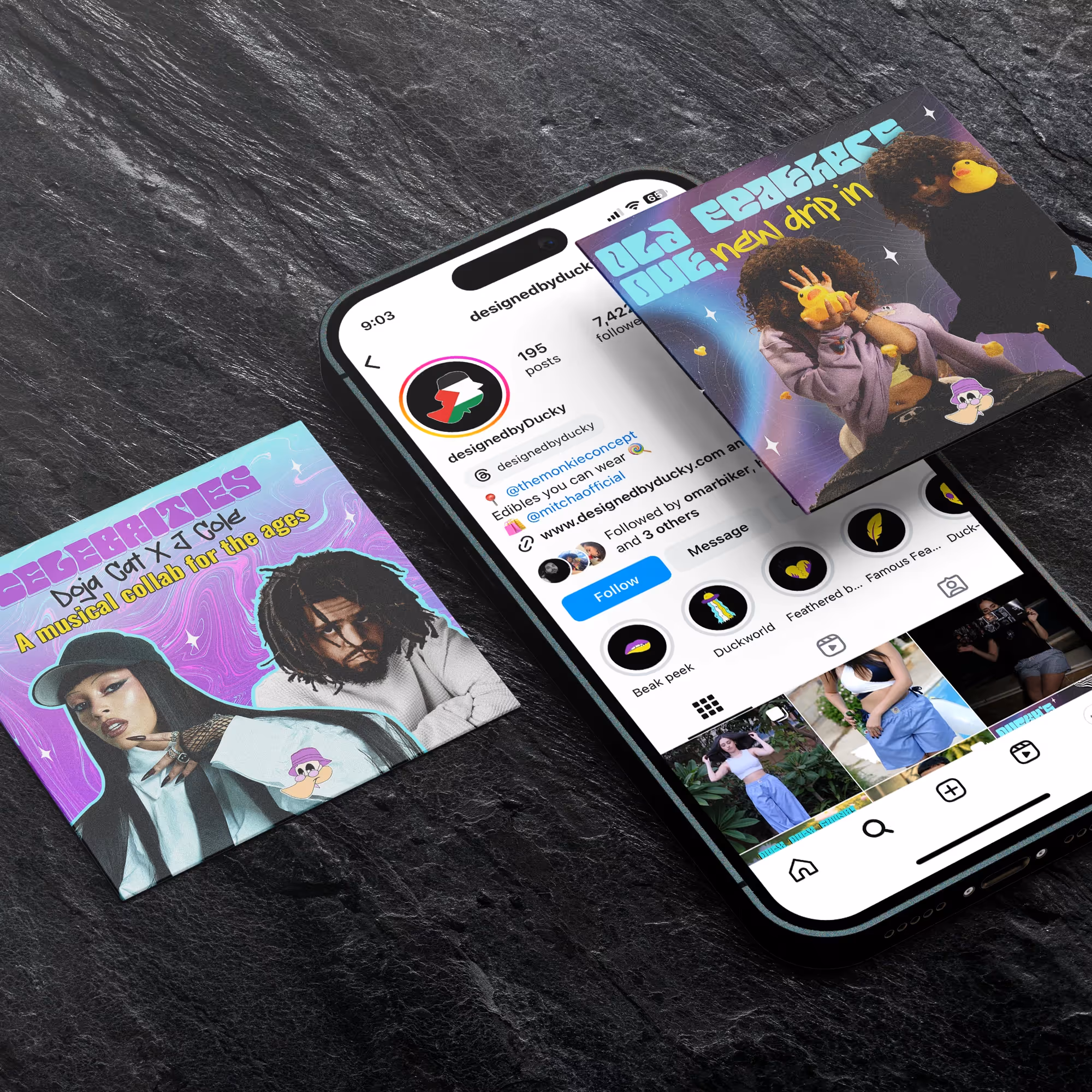 A smartphone on a dark surface shows an Instagram profile with vibrant music-themed posts and flyers, symbolising the impact of social media marketing.