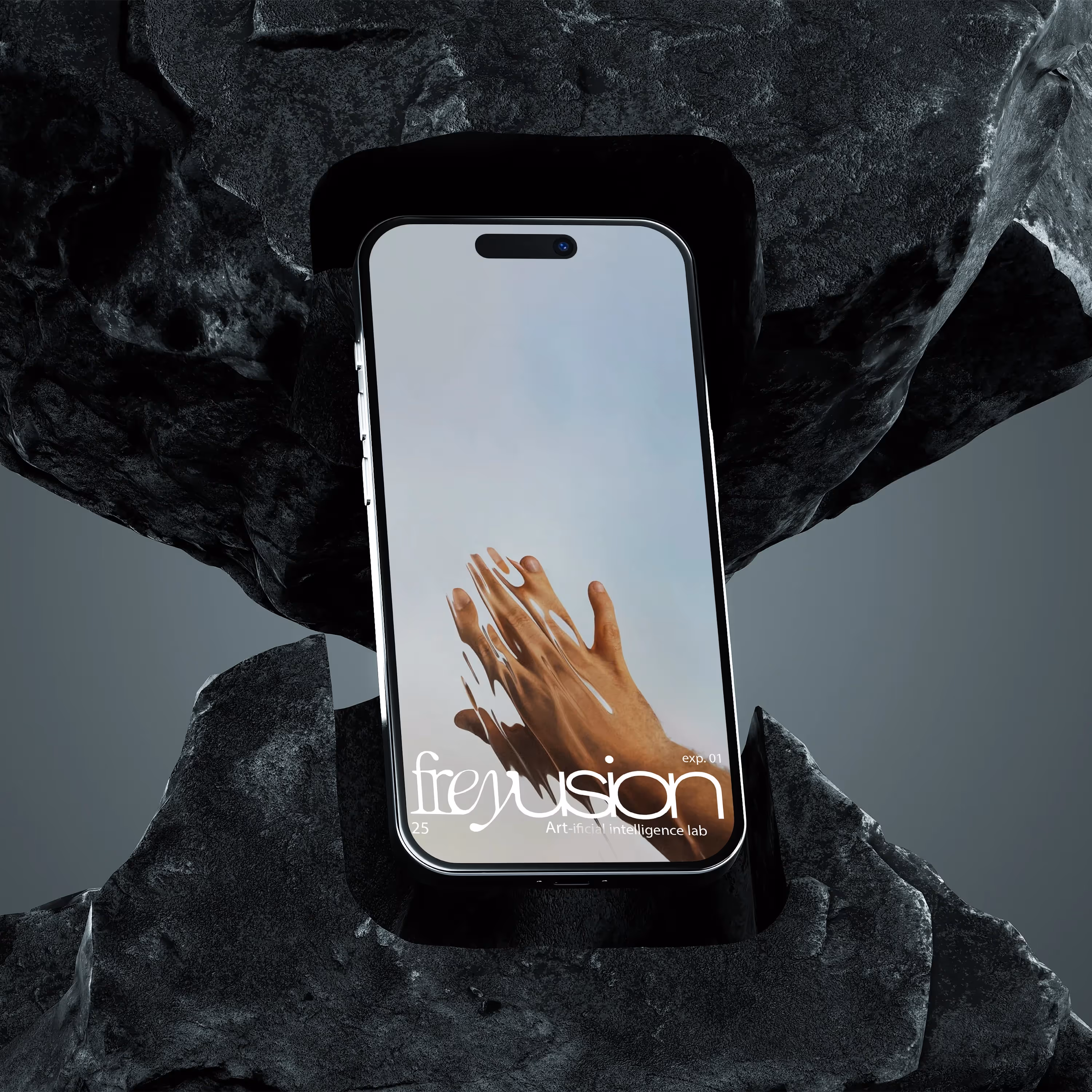 A smartphone between dark rocks reflects two hands reaching out, symbolising digital creativity and the vision of a social media marketing agency.