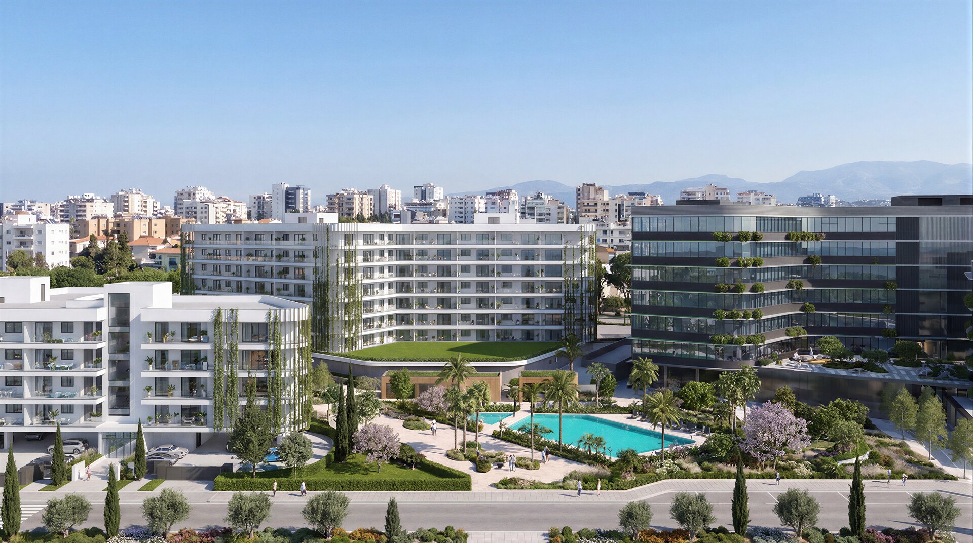 Silicon Park residential buildings and pool courtyard