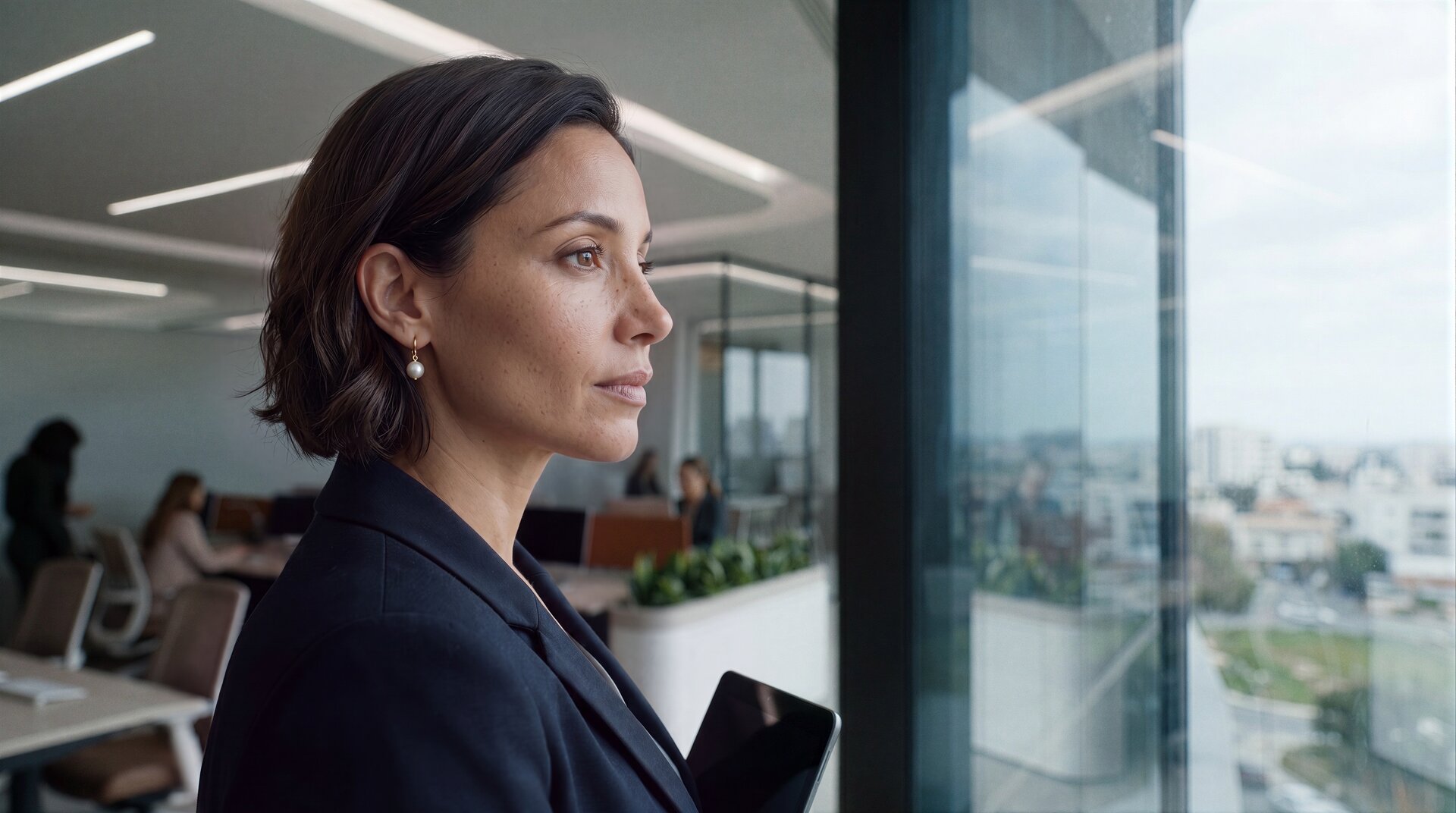 Campaign film scene, office window overlooking the city