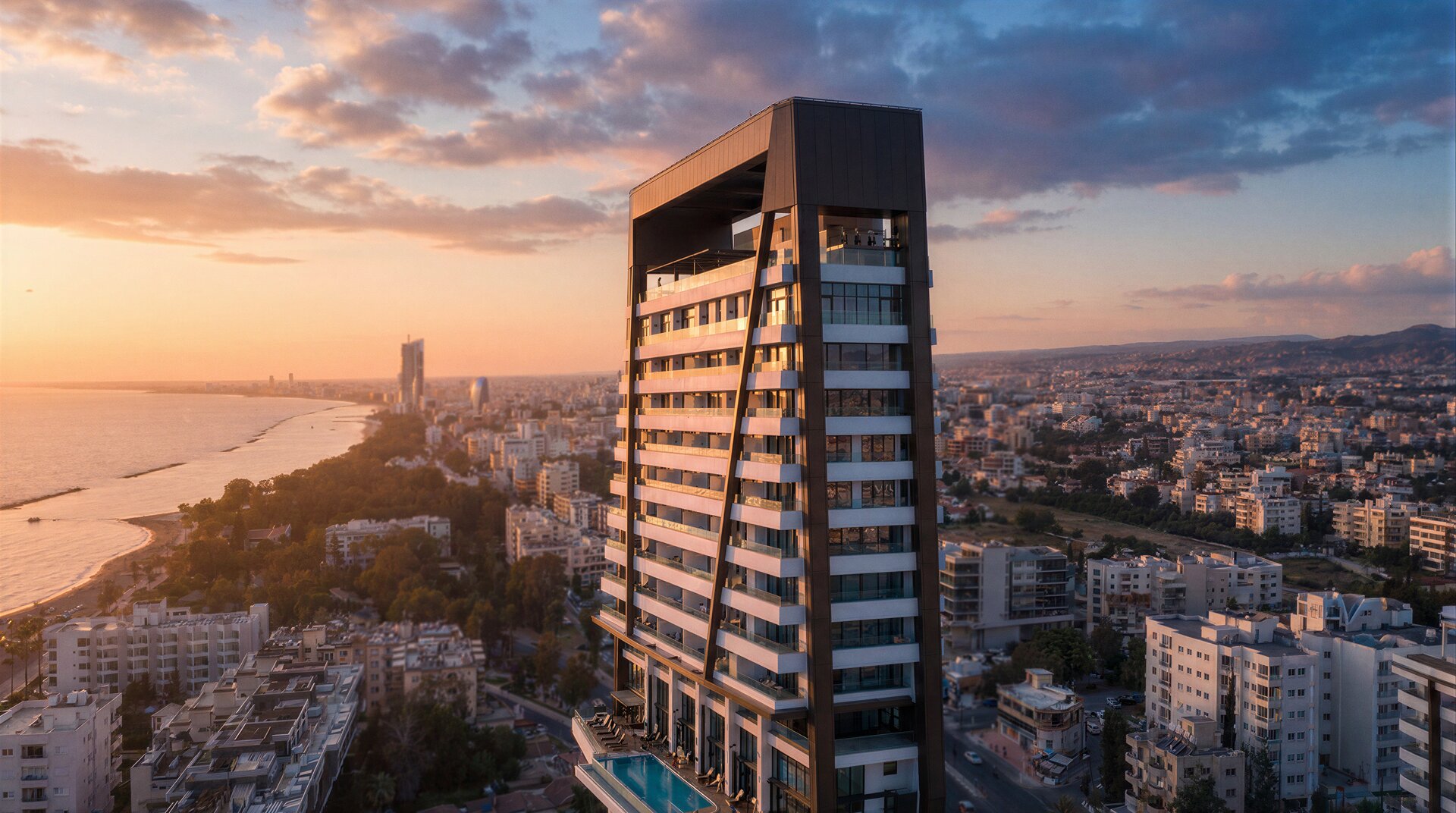 Silicon Park tower at sunset over the Limassol coastline