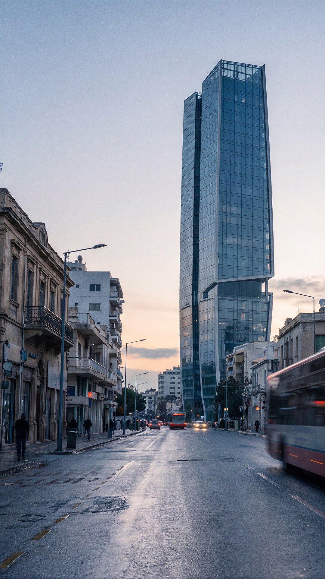 Limassol tower at dusk from the campaign film