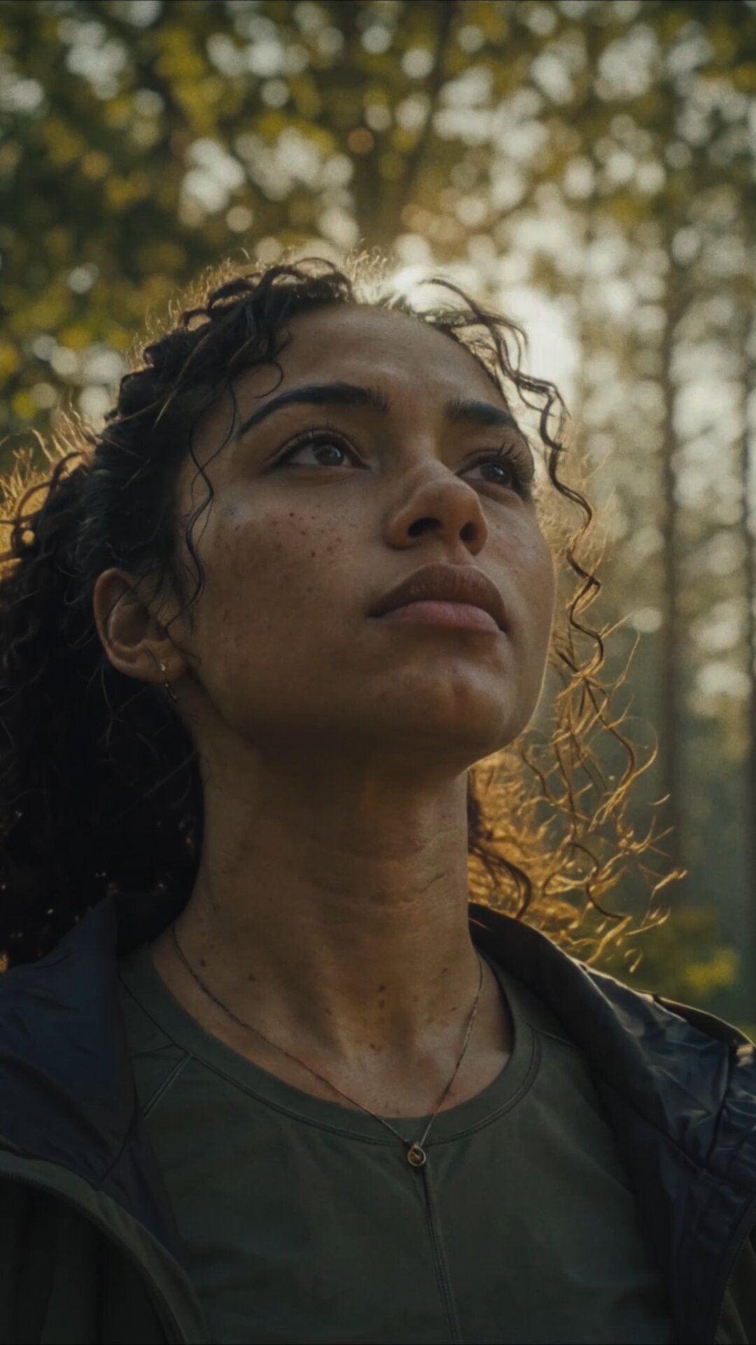 Young woman looking up through the forest light