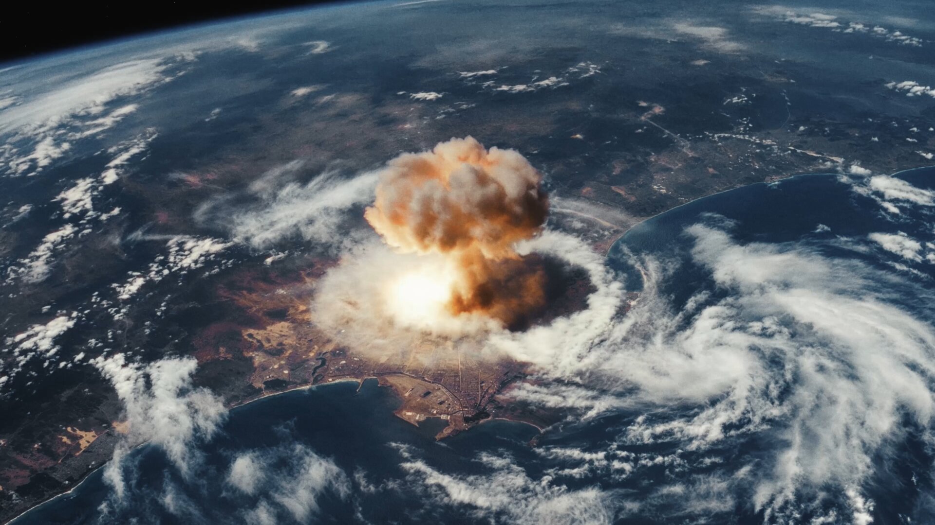 Earth from orbit with a detonation blooming through the clouds