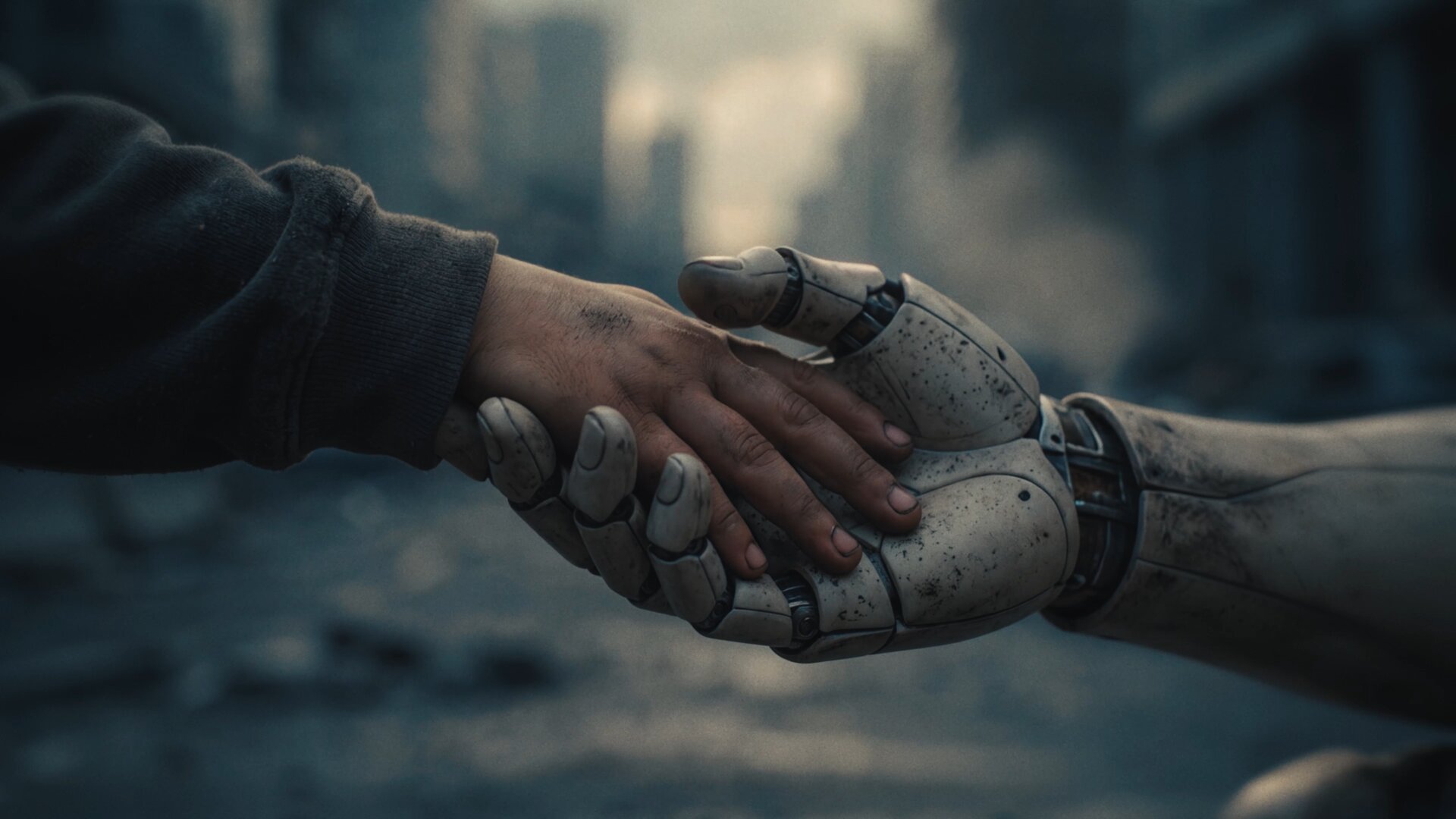 A human hand clasping a robotic hand in the ruins