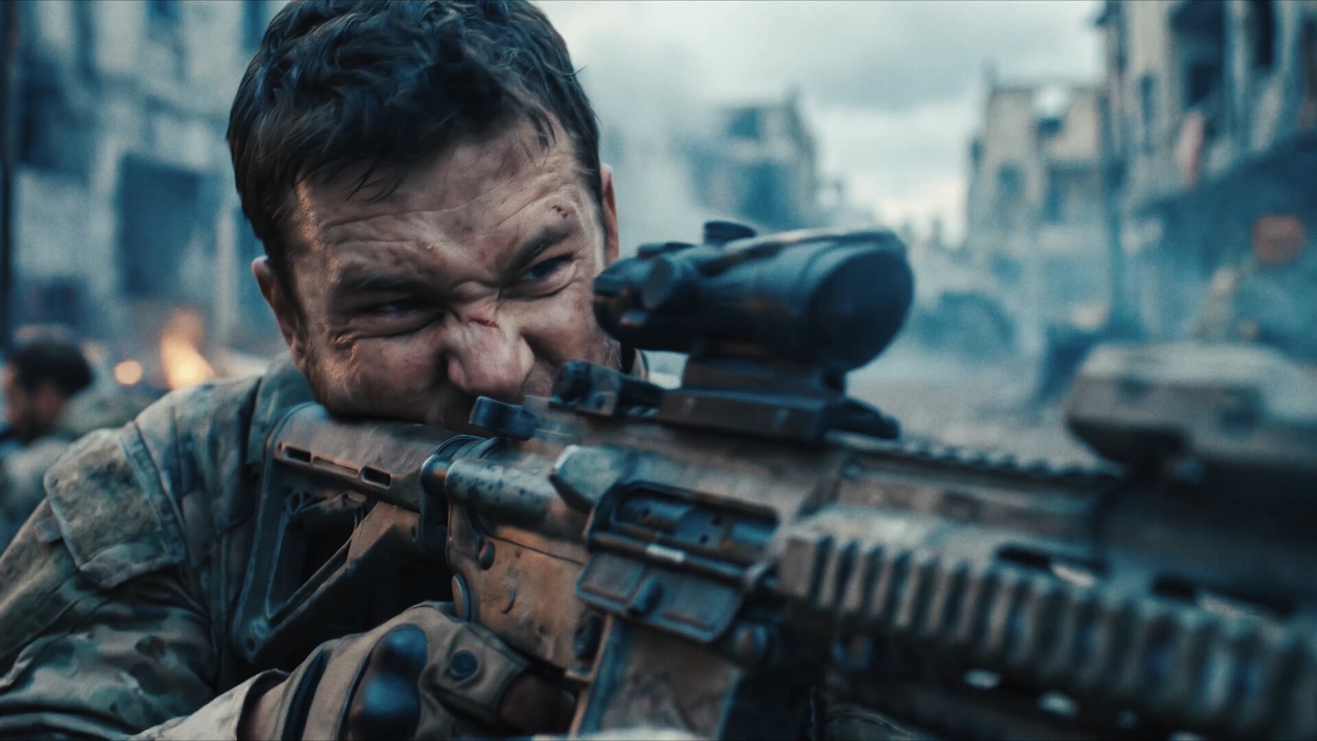 Soldier in a ruined city street