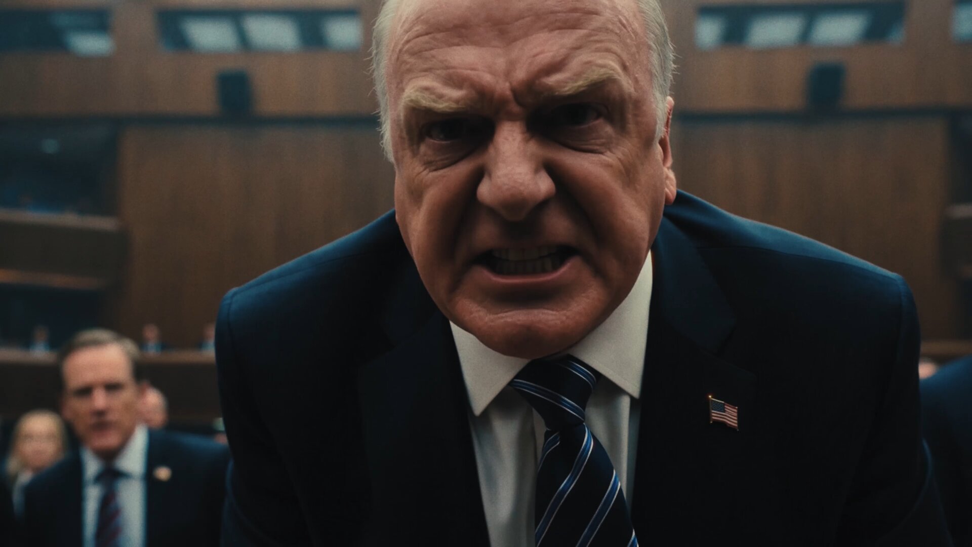Politician shouting in a hearing chamber