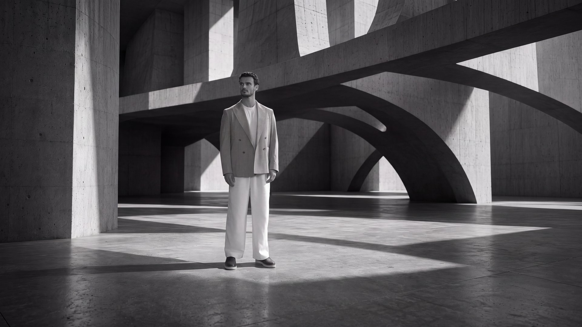 Man standing in a vast concrete hall of arches and hard light