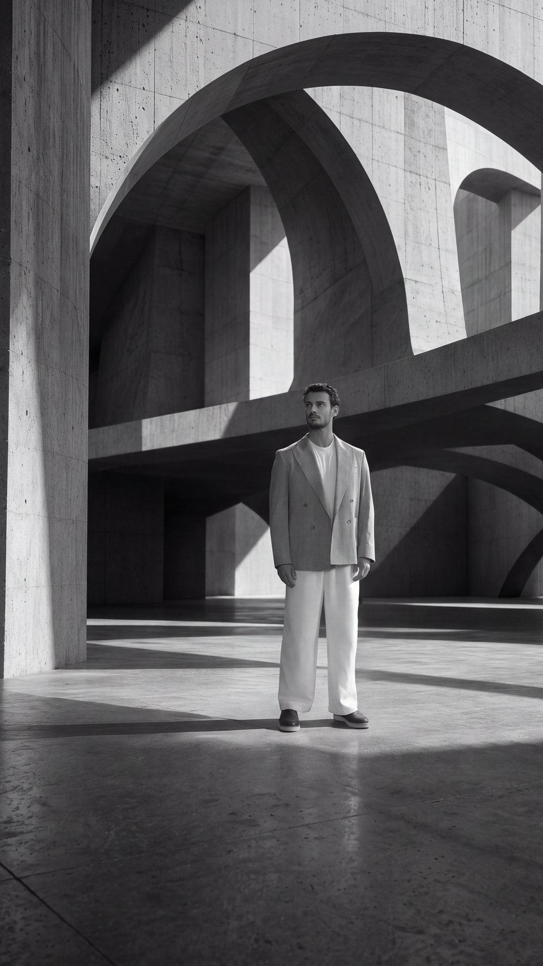 Lone figure framed by concrete arches